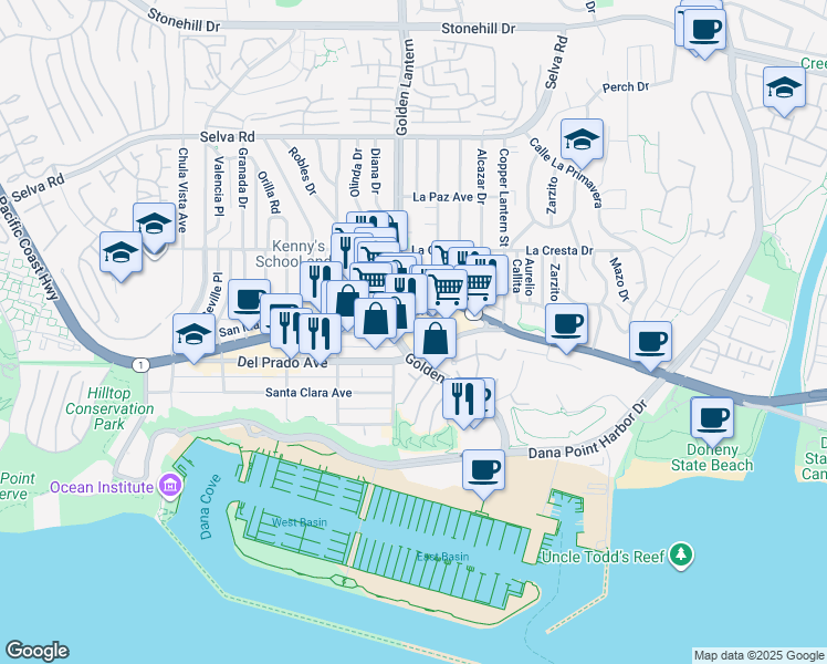map of restaurants, bars, coffee shops, grocery stores, and more near 24829 Del Prado Avenue in Dana Point
