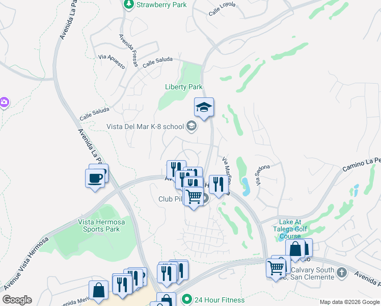 map of restaurants, bars, coffee shops, grocery stores, and more near 207 Via Malaga in San Clemente