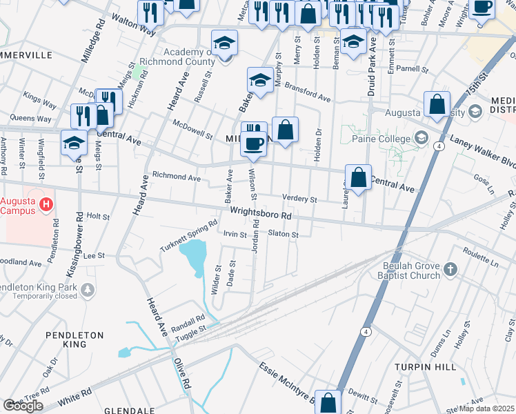 map of restaurants, bars, coffee shops, grocery stores, and more near 1802 Wilson Street in Augusta