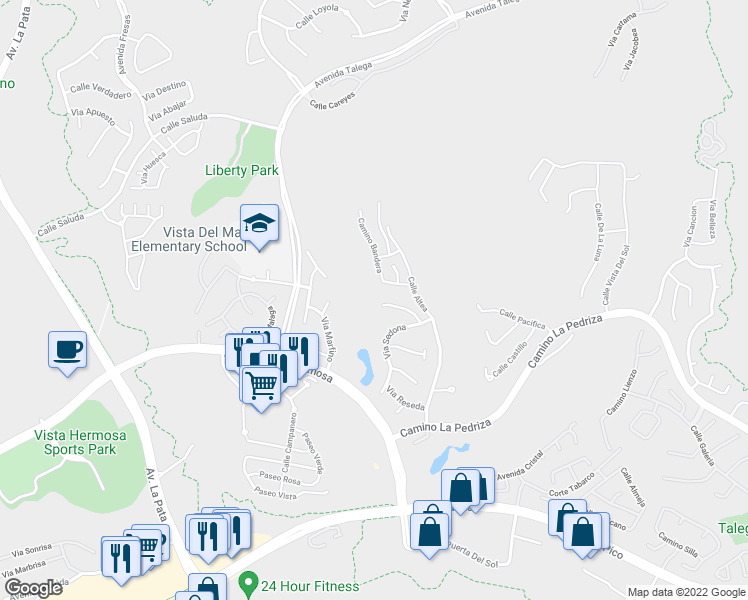 map of restaurants, bars, coffee shops, grocery stores, and more near 325 Via Promesa in San Clemente