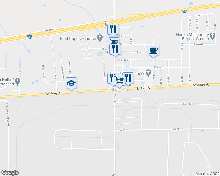 map of restaurants, bars, coffee shops, grocery stores, and more near 106 West Avenue A in Hooks