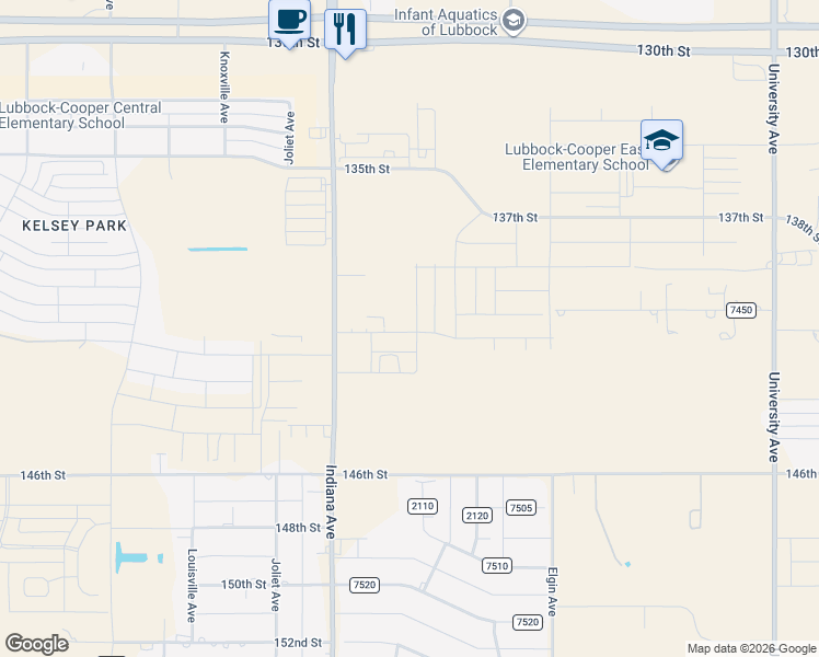 map of restaurants, bars, coffee shops, grocery stores, and more near 3204 140th Street in Lubbock