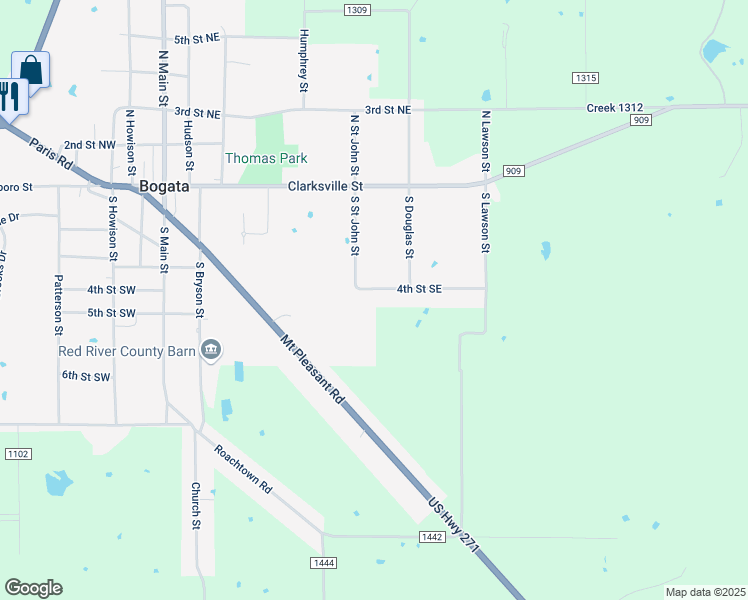 map of restaurants, bars, coffee shops, grocery stores, and more near 639 4th Street Southeast in Bogata