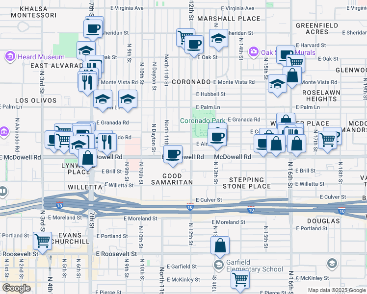 map of restaurants, bars, coffee shops, grocery stores, and more near 1137 East Almeria Road in Phoenix