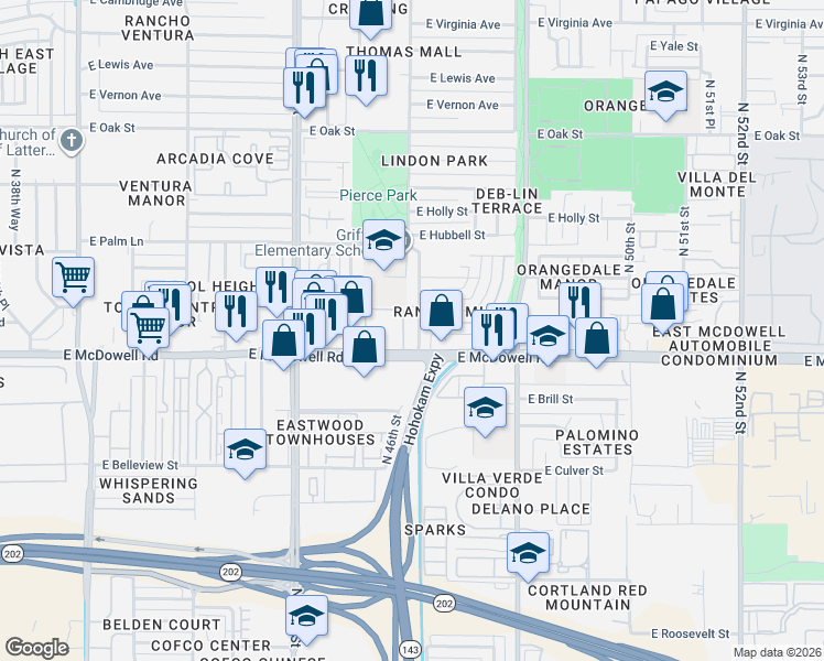 map of restaurants, bars, coffee shops, grocery stores, and more near 1620 N 46th St in Phoenix