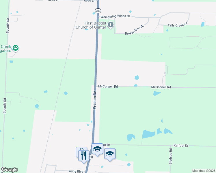 map of restaurants, bars, coffee shops, grocery stores, and more near McConnell Road in Gunter