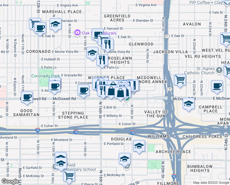 map of restaurants, bars, coffee shops, grocery stores, and more near 1645 East Almeria Road in Phoenix