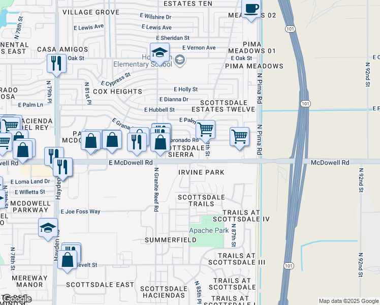 map of restaurants, bars, coffee shops, grocery stores, and more near 8550 East McDowell Road in Scottsdale