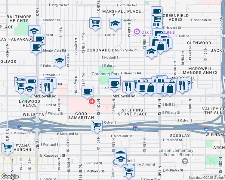 map of restaurants, bars, coffee shops, grocery stores, and more near 1241 East Almeria Road in Phoenix