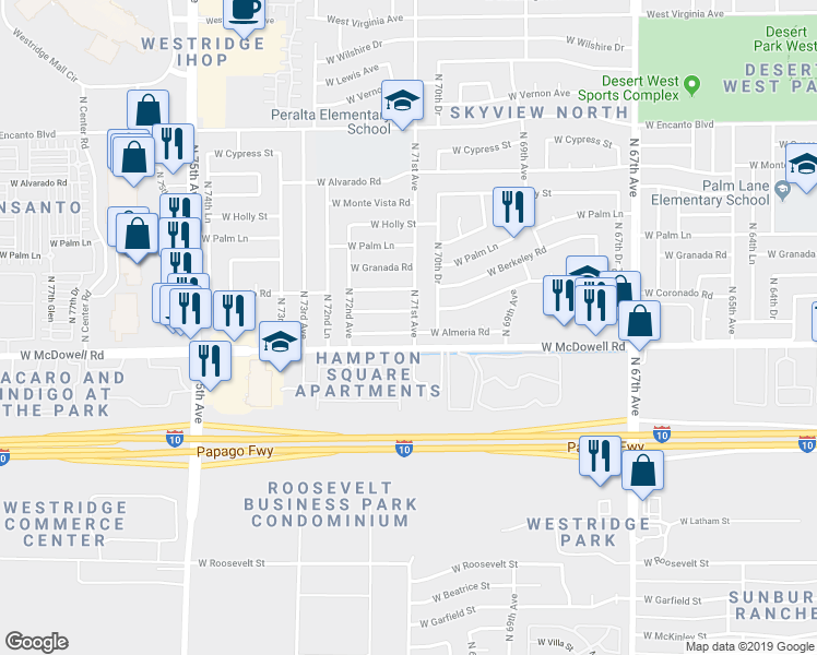 map of restaurants, bars, coffee shops, grocery stores, and more near 7102 West Almeria Road in Phoenix
