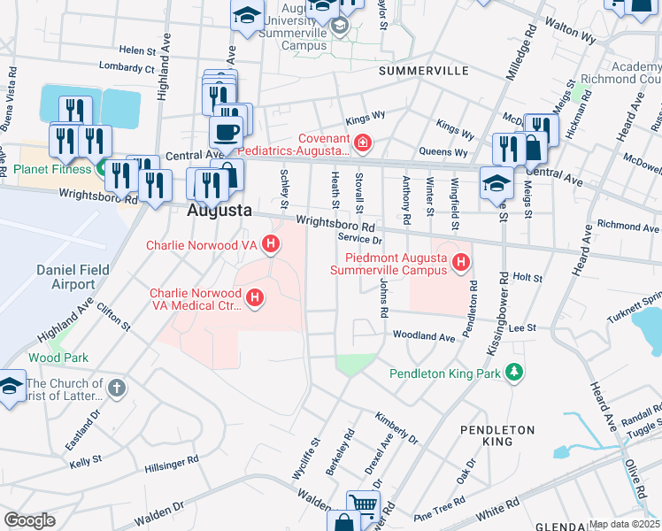 map of restaurants, bars, coffee shops, grocery stores, and more near 1527 Heath Street in Augusta