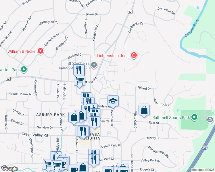 map of restaurants, bars, coffee shops, grocery stores, and more near 3211 Overton Road in Vestavia Hills