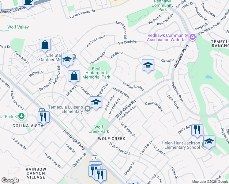 map of restaurants, bars, coffee shops, grocery stores, and more near 45525 Jaguar Way in Temecula