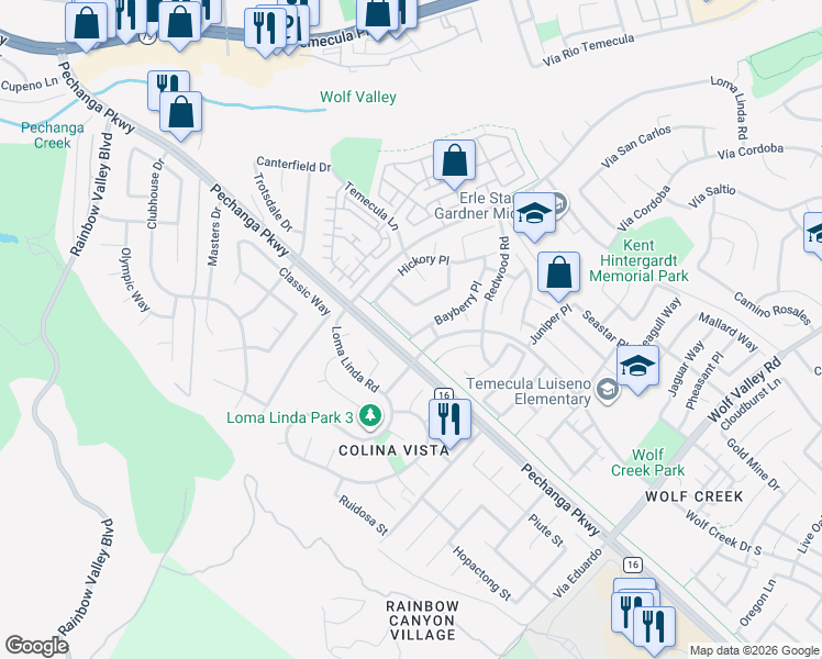 map of restaurants, bars, coffee shops, grocery stores, and more near 45575 Bayberry Place in Temecula