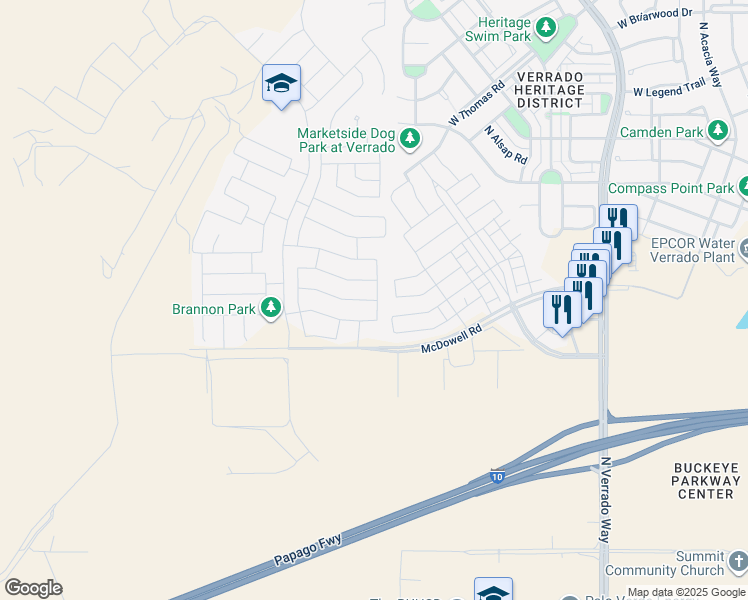 map of restaurants, bars, coffee shops, grocery stores, and more near 20967 West Coronado Road in Buckeye