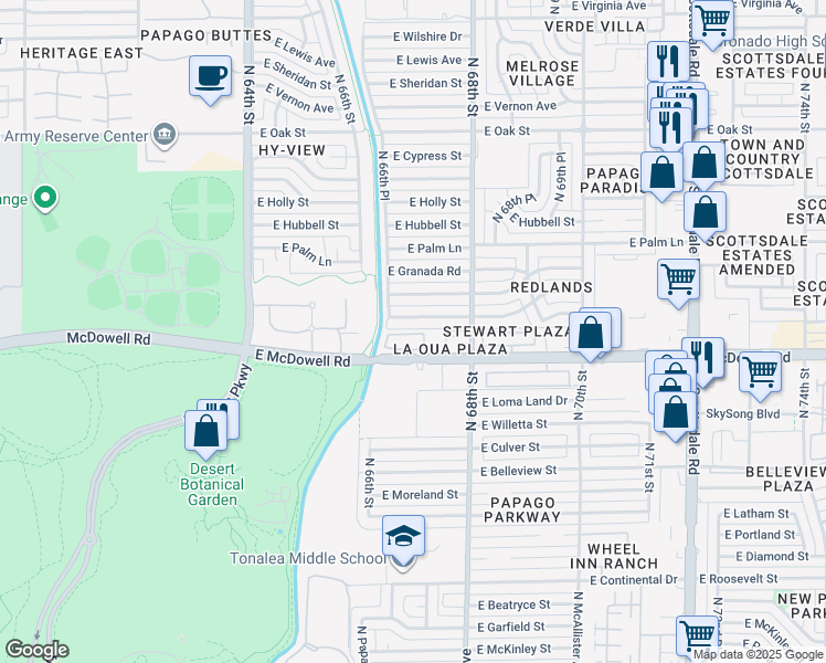 map of restaurants, bars, coffee shops, grocery stores, and more near 6640 East McDowell Road in Scottsdale