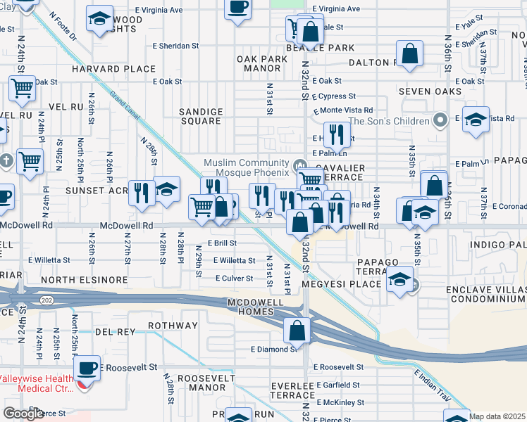 map of restaurants, bars, coffee shops, grocery stores, and more near 1611 North 31st Street in Phoenix