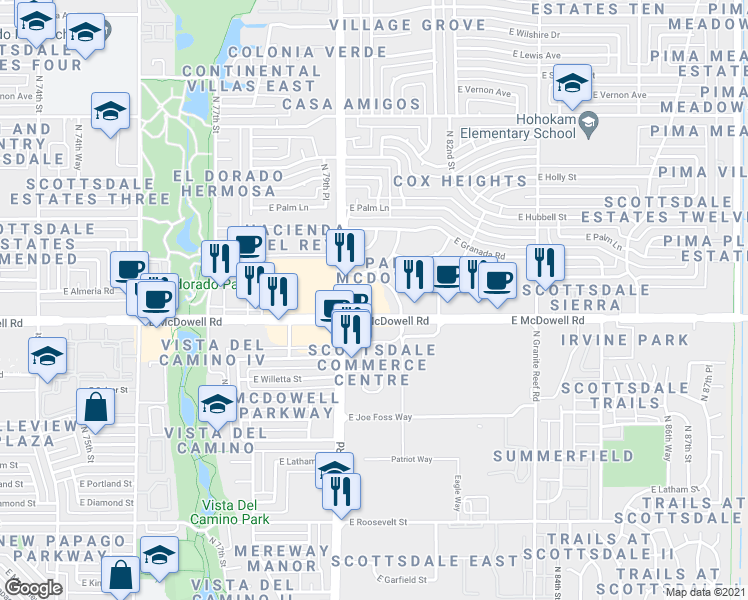 map of restaurants, bars, coffee shops, grocery stores, and more near 8001 East Almeria Road in Scottsdale