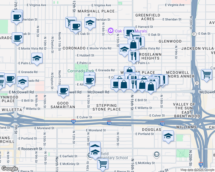 map of restaurants, bars, coffee shops, grocery stores, and more near 1413 East Almeria Road in Phoenix
