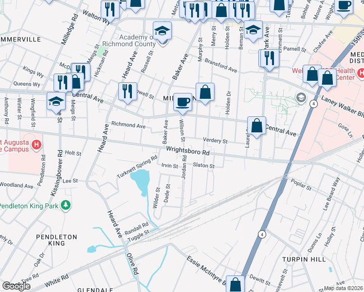 map of restaurants, bars, coffee shops, grocery stores, and more near 1802 Wilson Street in Augusta