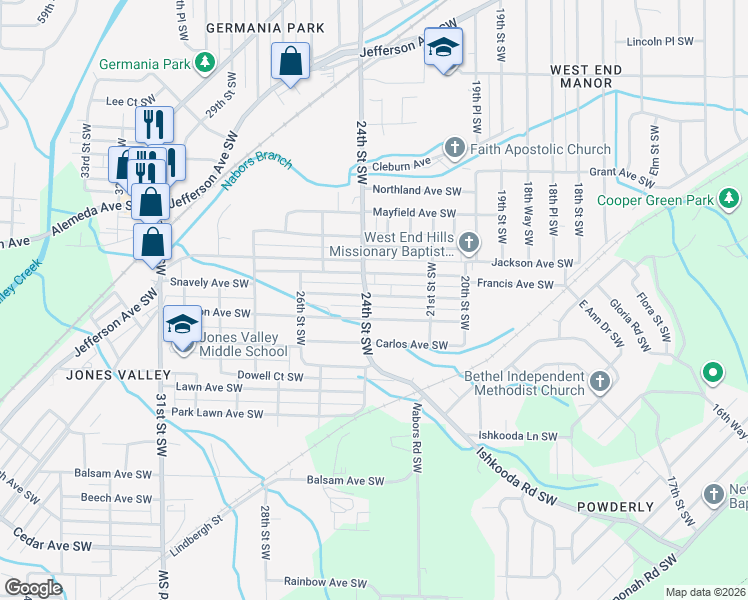 map of restaurants, bars, coffee shops, grocery stores, and more near 1805 24th Street Southwest in Birmingham