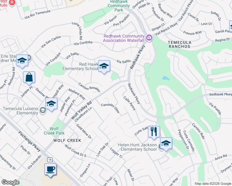 map of restaurants, bars, coffee shops, grocery stores, and more near 32175 Caminito Osuna in Temecula