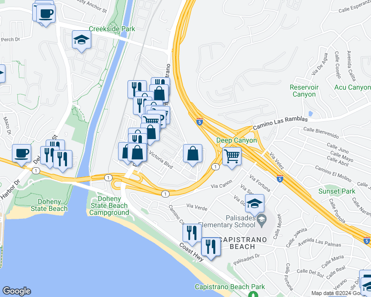 map of restaurants, bars, coffee shops, grocery stores, and more near 34175 Camino Capistrano in Dana Point
