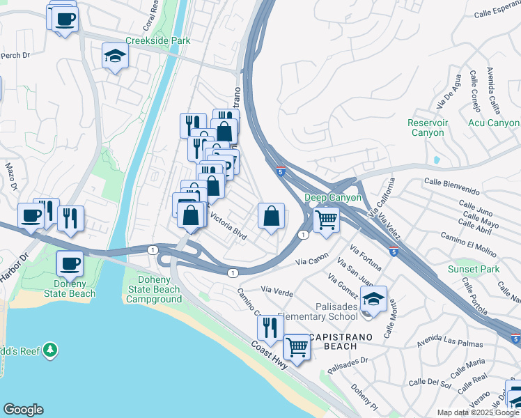 map of restaurants, bars, coffee shops, grocery stores, and more near 34175 Camino Capistrano in Dana Point