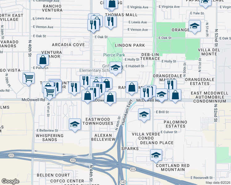 map of restaurants, bars, coffee shops, grocery stores, and more near 4530 East McDowell Road in Phoenix