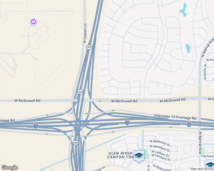 map of restaurants, bars, coffee shops, grocery stores, and more near 16920 West Coronado Road in Goodyear