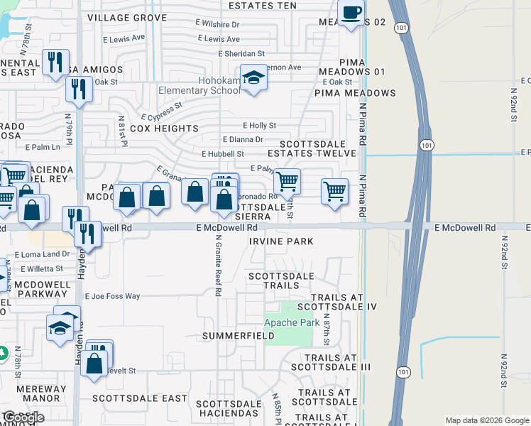 map of restaurants, bars, coffee shops, grocery stores, and more near 8550 East McDowell Road in Scottsdale