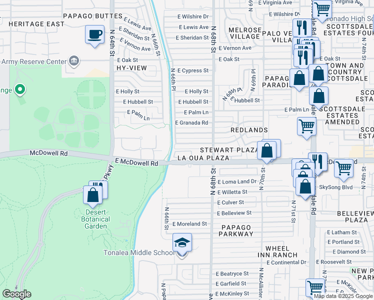 map of restaurants, bars, coffee shops, grocery stores, and more near 6640 East McDowell Road in Scottsdale