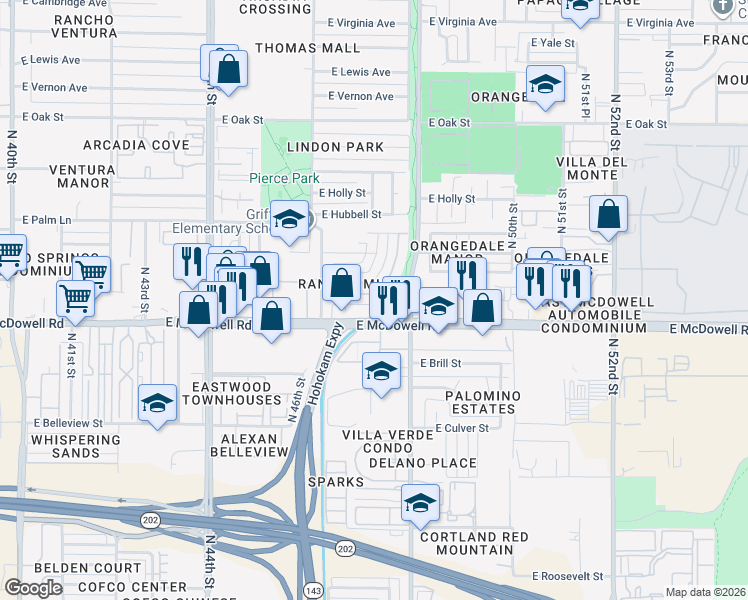 map of restaurants, bars, coffee shops, grocery stores, and more near 1705 North 47th Place in Phoenix