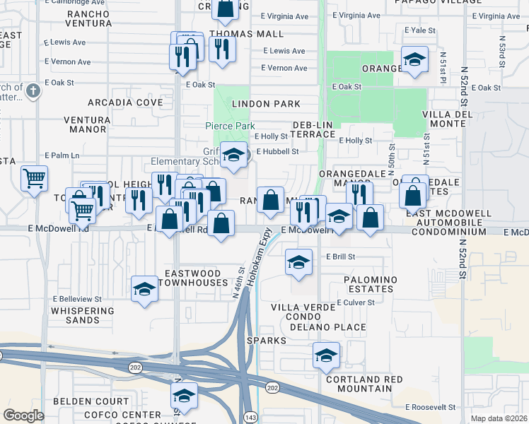 map of restaurants, bars, coffee shops, grocery stores, and more near 1620 North 46th Street in Phoenix