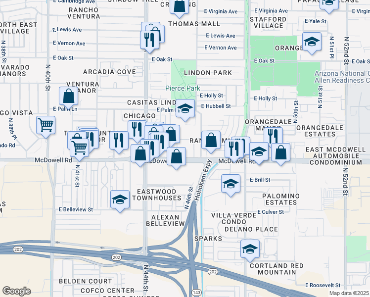map of restaurants, bars, coffee shops, grocery stores, and more near 4530 East McDowell Road in Phoenix
