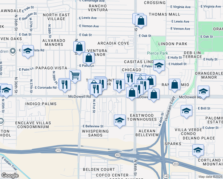map of restaurants, bars, coffee shops, grocery stores, and more near 1626 North 43rd Street in Phoenix