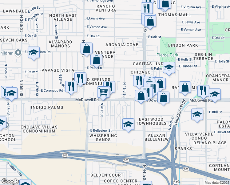 map of restaurants, bars, coffee shops, grocery stores, and more near 4149 East Almeria Road in Phoenix
