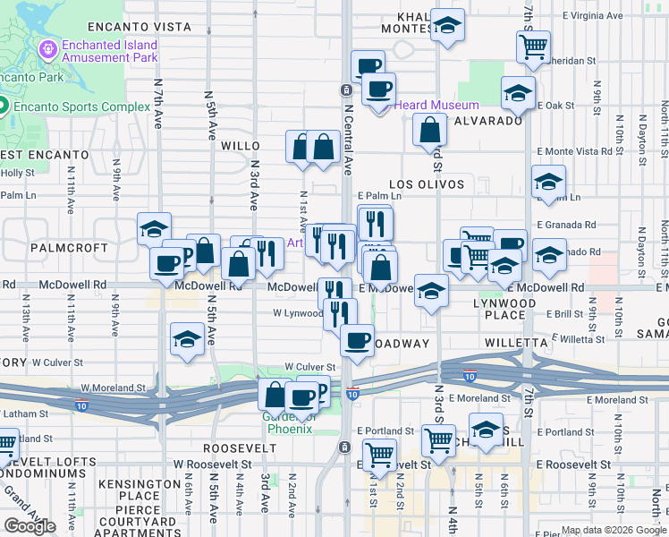 map of restaurants, bars, coffee shops, grocery stores, and more near 1616 North Central Avenue in Phoenix