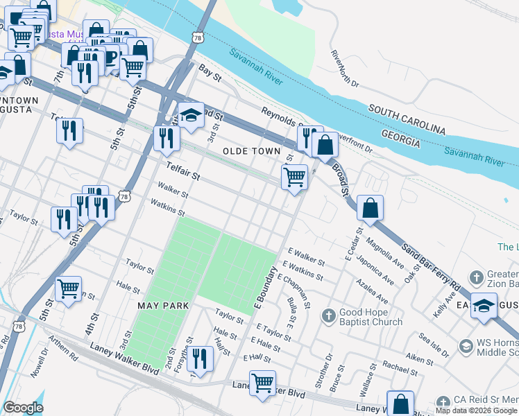 map of restaurants, bars, coffee shops, grocery stores, and more near 38 Telfair Street in Augusta