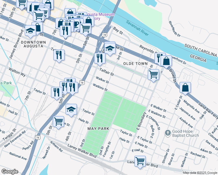 map of restaurants, bars, coffee shops, grocery stores, and more near 246 Walker Street in Augusta