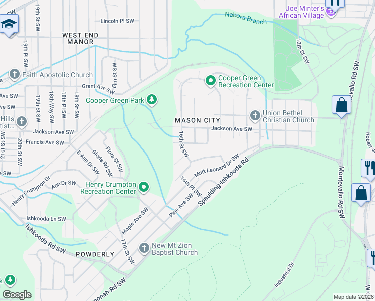 map of restaurants, bars, coffee shops, grocery stores, and more near 2108 16th Street Southwest in Birmingham