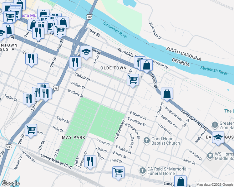 map of restaurants, bars, coffee shops, grocery stores, and more near 38 Telfair Street in Augusta