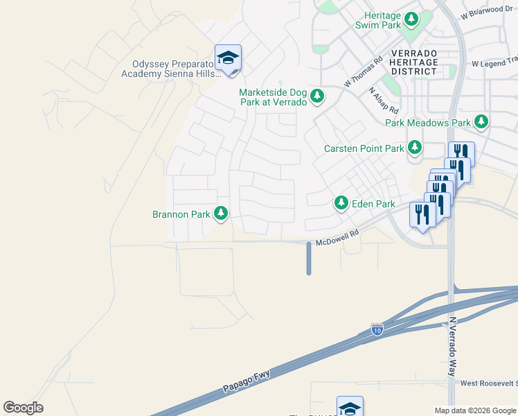 map of restaurants, bars, coffee shops, grocery stores, and more near 21249 West Coronado Road in Buckeye