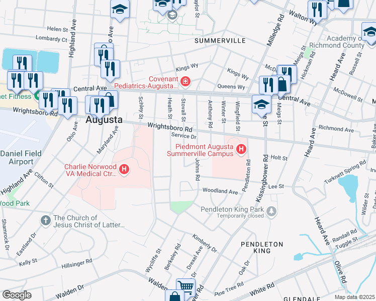 map of restaurants, bars, coffee shops, grocery stores, and more near 1522 Stovall Street in Augusta