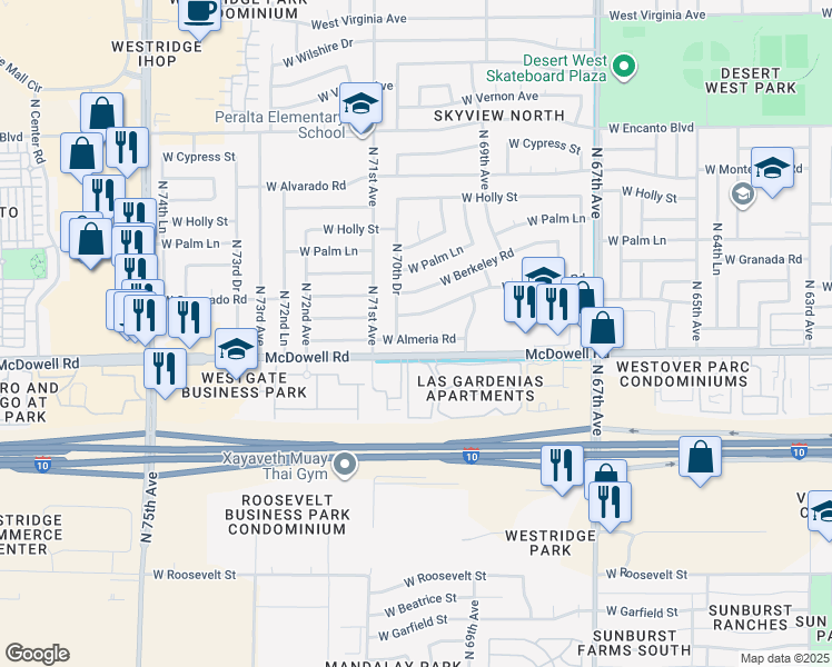 map of restaurants, bars, coffee shops, grocery stores, and more near 7016 West Almeria Road in Phoenix