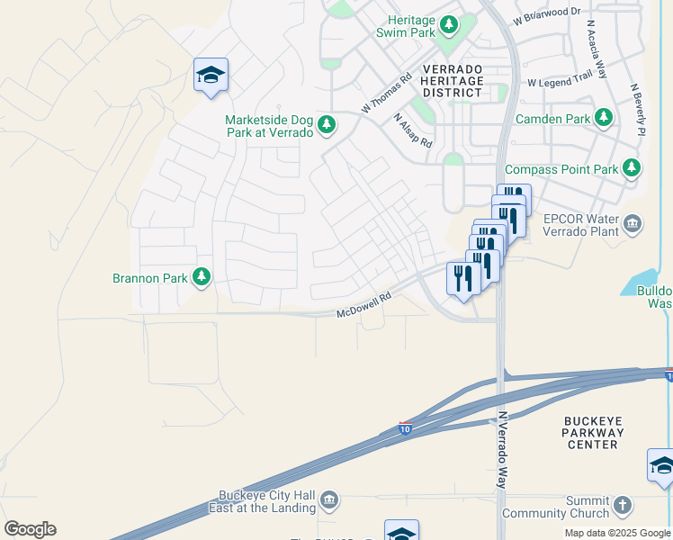 map of restaurants, bars, coffee shops, grocery stores, and more near 21035 West Berkeley Road in Buckeye