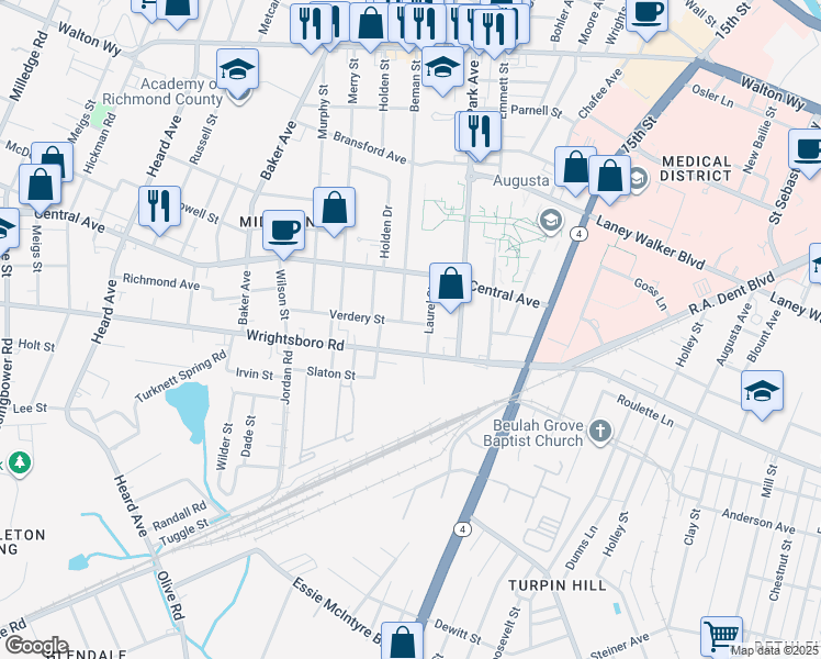 map of restaurants, bars, coffee shops, grocery stores, and more near 1706 Verdery Street in Augusta