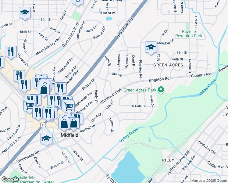 map of restaurants, bars, coffee shops, grocery stores, and more near 217 Creel Street in Midfield