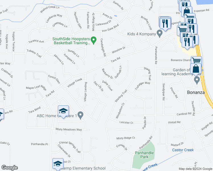 map of restaurants, bars, coffee shops, grocery stores, and more near 10627 Daisy Cove in Hampton