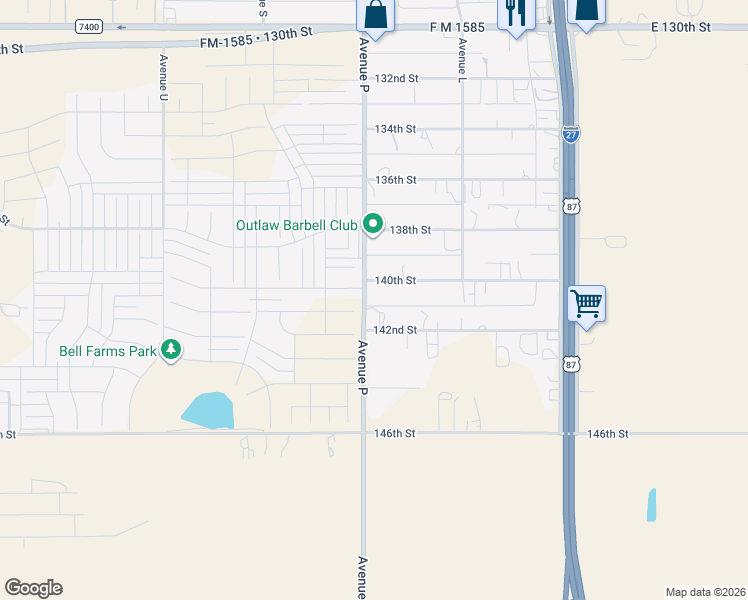 map of restaurants, bars, coffee shops, grocery stores, and more near 14013 C R 2300 in Lubbock